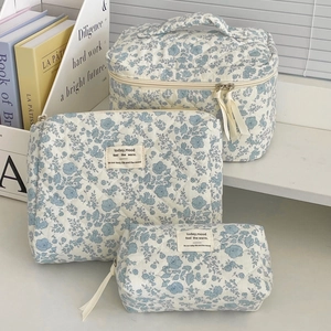 Three-piece quilted cosmetic bag set with blue floral pattern and ribbon zippers
