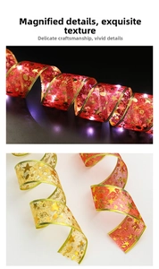 Close-up of LED glowing mesh ribbon with gold star prints for Christmas decoration