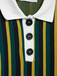 Close-up of contrast polo collar and black buttons on green striped knit shirt