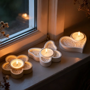 Embossed flower, butterfly and heart shaped resin candle holder set on wooden window sill