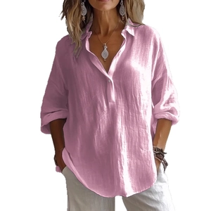 Chemise rose à manches longues en coton et lin pour femme, col en V et coupe décontractée