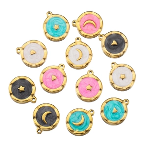 Round Stainless Steel Charms With Enamel Drip Oil Star Moon Heart Patterns Gold Plated DIY Jewelry Making Accessories