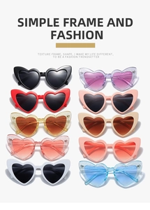 Collection of ten heart shaped sunglasses in various solid and glitter transparent colors