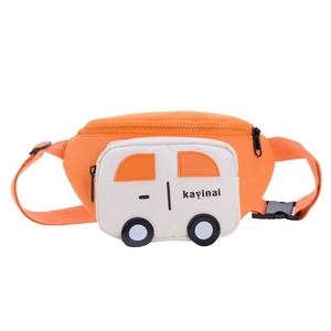 Cartoon car-shaped chest bag for kids in orange and white canvas with cute bus design