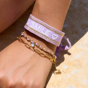 Stainless Steel Charm Bracelet Purple Woven Cord Embroidered Smile Letter Summer Vacation Bohemian Jewelry For Women