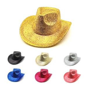 Sequined Western Cowboy Hat Glitter Metallic Fedora Cap Cotton Polyester Wide Brim Party Costume Stage Performance Hat