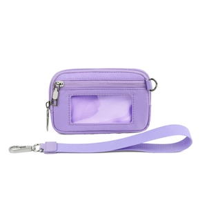 Detail of light purple nylon wristlet pouch with clear ID window and woven lanyard