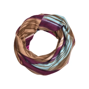Striped knit infinity scarf in purple, brown and light blue on white background