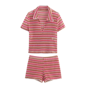 Colorful Striped Crochet Knit Hollow Out Short Sleeve Polo Shirt And Shorts Streetwear Fashion For Women