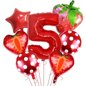 Strawberry party balloon set with red number 5 foil balloon for summer fruit themed decor