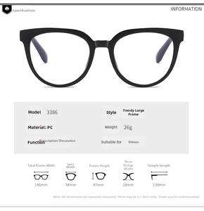 Detailed dimensions of oversized PC frame trendy glasses with measurements provided