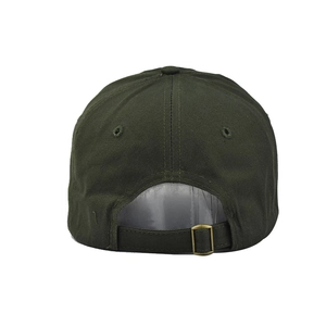 Detail view of the army green cotton baseball cap with adjustable metal buckle back strap