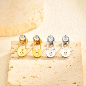 Safety Pin Earrings Stainless Steel High Polished With Round AAA Cubic Zirconia Punk Minimalist Trendy For Women