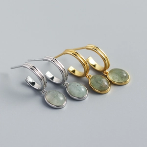 925 Sterling Silver Hoop Earrings With Green Aventurine Oval Drop Minimalist Geometric C Shape Retro Style For Women