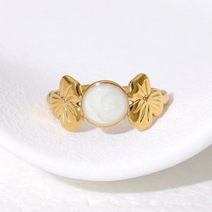 Chic gold-plated stainless steel open ring featuring a white enamel center and floral details