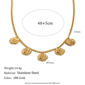 18K gold plated stainless steel curb chain necklace with five rose flower pendants