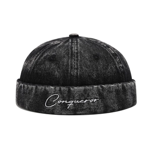 Retro washed denim black docker hat with Conqueror embroidery and vintage streetwear style