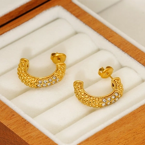 Vintage C Shaped Hoop Earrings Gold Plated Stainless Steel With Rhinestone Geometric Elegant Jewelry For Women