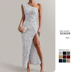 Women Sequin One Shoulder Evening Dress High Slit Sleeveless Ruched Slim Fit Solid Color Formal Gala Maxi Gown Party
