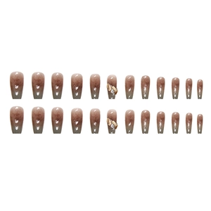 Brown ombre long coffin press-on nails with amber rhinestones and silver glitter details