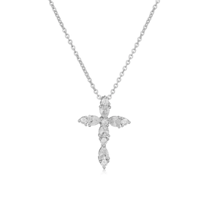 Macro view of teardrop and marquise cut crystal cross pendant on silver chain necklace