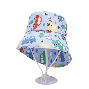 Light blue children's sun hat with colorful cartoon car prints and adjustable chin strap