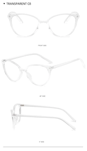 Three-angle views of transparent C8 cat-eye frames with anti-blue light clear lenses