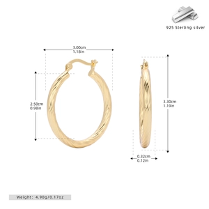Detailed view of gold twisted hoop earrings in 925 sterling silver with dimensions