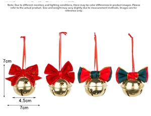 Close-up of four red velvet Christmas bows with gold star cutout bells and hanging loops