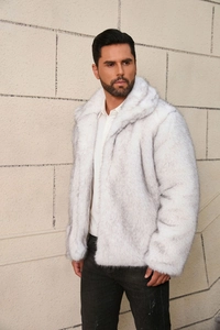 Close-up of high-quality faux fur texture and lapel tailoring on men's winter coat