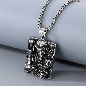Detailed engraving of plague doctor with lantern and skull on stainless steel pendant