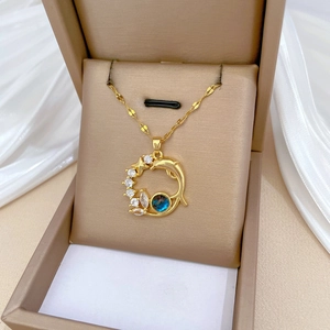Titanium steel dolphin necklace with blue gem and starry zircon in a jewelry gift box
