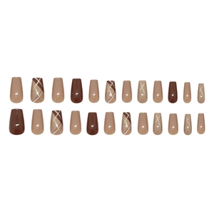 Brown and nude press-on nails with geometric glitter patterns in coffin shape