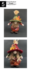 Detailed view of fall harvest gnomes with autumn leaves and sunflower accents on tall hats