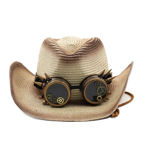 Steampunk straw cowboy hat with vintage bronze goggles featuring gears and spikes