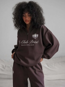 Ensemble sweat-shirt oversize chocolat à demi-zip avec col montant et imprimé blanc