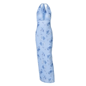 Damen Maxikleid in Hellblau mit Blumenmuster, Neckholder und rückenfreiem Design