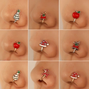 Copper Enamel Christmas Nose Cuff Non Piercing Nose Ring Reindeer Tree Bell Hat Apple U Shaped Festive Jewelry For Women