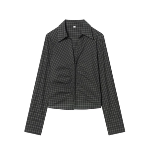 Women Plaid Long Sleeve Shirt Polyester Ruched Center V-Neck Slim Fit Casual Elegant Top Grey Black Checked Blouse