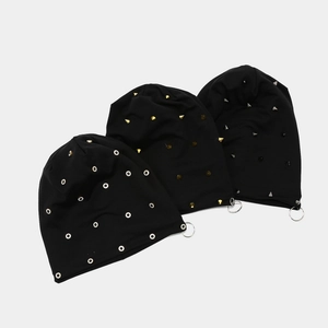 Thick black knitted beanies with punk metal rings and gothic rivet stud decorations