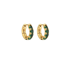 Elegant gold C-shaped geometric hoop earrings with sparkling emerald green zircon stones
