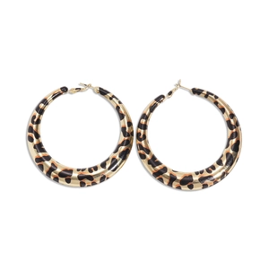 Golden geometric round hoop earrings featuring a classic leopard print pattern