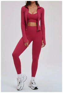 Détails de l'ensemble de sport femme rose foncé avec legging taille haute et veste