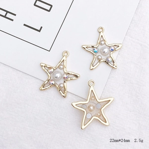 Star-shaped gold charm pendant with white pearls and sparkling rhinestones for jewelry making
