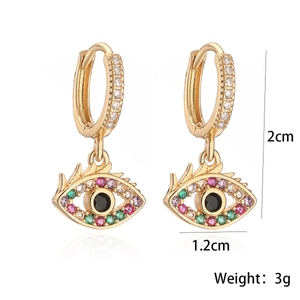 Gold plated evil eye hoop earrings with colorful zircon stones on white background