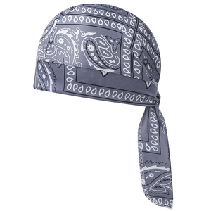 Detail of grey paisley stretch bandana with classic white patterns and long tail straps