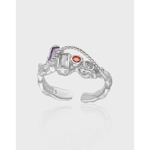 S925 Sterling Silver Adjustable Open Ring Multicolor Zirconia Chain Link Design Niche Sweet Cool Trend Fashion Finger Jewelry For Women