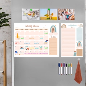 Magnetic dry erase whiteboard set with monthly and weekly planners on a refrigerator