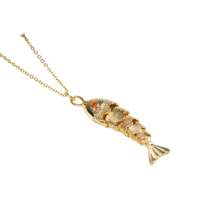 Elegant gold titanium steel koi fish pendant necklace with a red gemstone eye detail