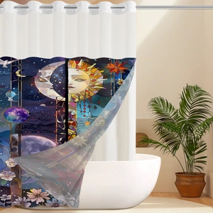 Detail view of artistic sun and moon print on waterproof polyester shower curtain